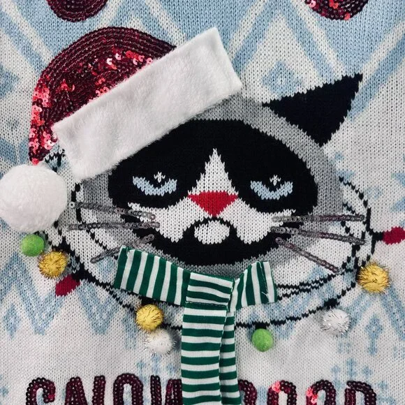 Bad Cat Womens Size M Ugly Christmas Sweater Grumpy Cat Sequin Holiday Knit - Picture 7 of 8